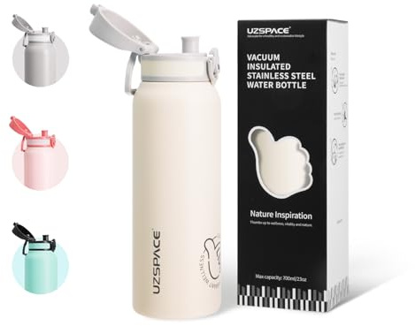 UZSPACE Gourde Isotherme Enfants 700ml en Acier Inoxydable - Gourde Sport à Double Paroi - Bouteille Isotherme Étanche pour École, Bureau ou Sport, Blanc Givré