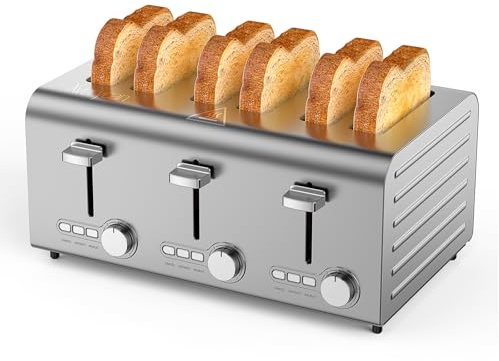 Xverycan 6 slice Toaster, 2250W Commercial Auto Pop-Up Stainless Steel Toasters, 7 Browning Levels, 6 Extra-Wide Slots, Removable Crumb Tray, Defrost/Cancel/Reheat Function