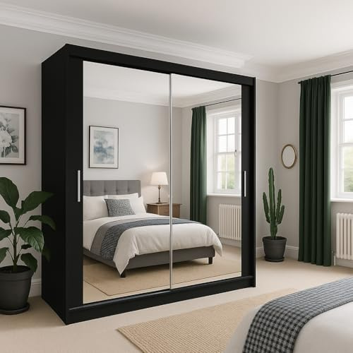 ALASKA Sliding Mirror Wardrobe, 2-3 Doors, Multiple Sizes & 6 Colours Available 120/150cm/180cm/203cm/250cm White-Black-Grey-Walnut-Wenge-Oak (Black, 180cm)