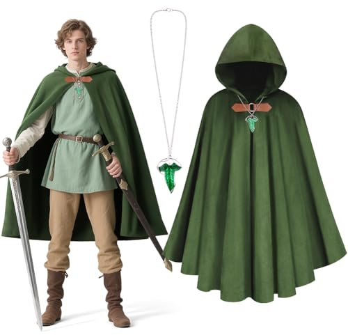 BSBUY Medieval Costume Cloak with Hood Men Renaissance Hooded Coat Vintage Gothic Witch Wizard Robe Hooded Cape with Green Leaf Brooch Necklace for Halloween World Book Day Fancy Dress Costume(Green)