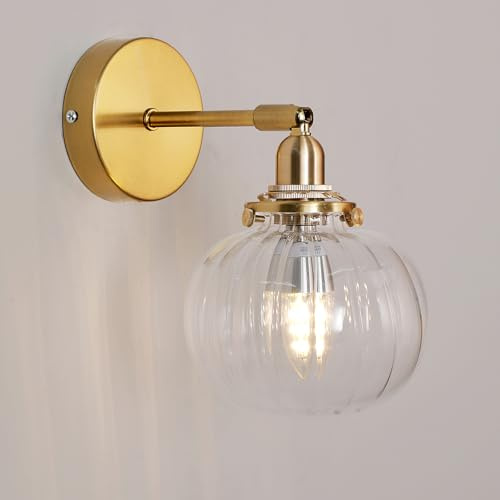 GreeLustr Vintage Wall Light Adjustable Head 5″Striped Glass Shade | E14 Industrial Copper Gold Finish Retro Indoor for Living Room Bedroom Bathroom Vanity Mirror