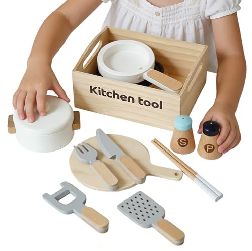 Kinderküchenspielzeug, 10-teiliges realistisches Kochspiel aus Holz, lustiges Küchenspielset – für Kinder, Geburtstag, Weihnachten, Neujahr, Ostern, Zuhause, Indoor-Rollenspiel