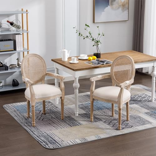 GDFStudio French Vintage Upholstered Dining Armchairs Set of 2, Beige Fabric Seats with Rattan Cane Back, Rubberwood Frame, Weathered Finish, French Country Style Kitchen or Dining Room Chairs