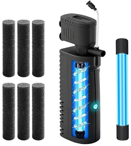 BYZESTY 1 500 l/h innerfilter akvarium med UVC-klarare, 3-i-1 akvariefilter med pump och ventilation, akvariepump med timer 3–24 h, filter akvarium för vattenrengöring och cirkulation (150–600 l)