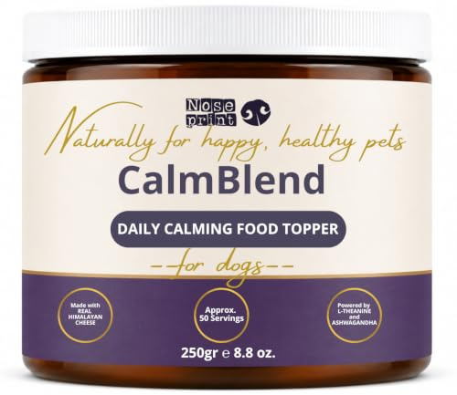 NOSEPRINT CalmBlend Complément Alimentaire Apaisant pour Chien 250 g | Poudre à Saupoudrer avec Fromage de l'Himalaya, L-Théanine, L-Tryptophane, Ashwagandha & Prébiotiques | Environ 50 Portions