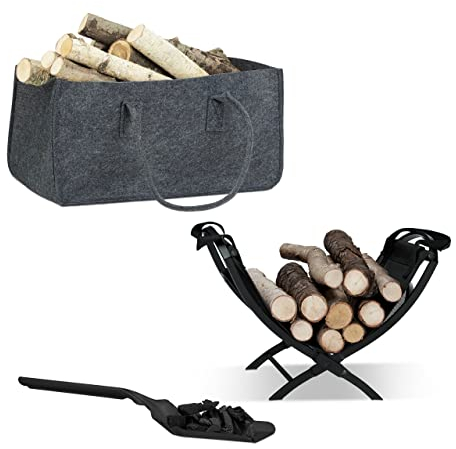 Relaxdays Set da 3 Accessori per Caminetto, Cesto Portalegnao Rivista, Sacco Portalegna in Feltro, Paletta Nera Raccogli Cenere