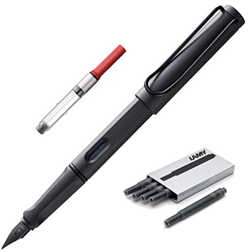 Boxiti Set - Lamy Safari Fountain Pen Charcoal, Fine Nib | 5 Black Ink Cartridges, Z28 Converter and Wipe