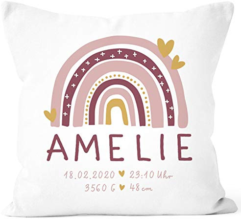 SpecialMe® personalisierbarer Kissen-Bezug zur Geburt Regenbogen Herzen Namenskissen Baby Mädchen weiß 40cm x 40cm