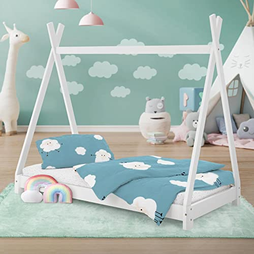 ML-Design Kinderbett Tipi 80 x 160 cm mit Lattenrost, Weiß, aus Kiefernholz, Indianer Bett, Hausbett für Mädchen und Jungen, Bodenbett Kinderhaus Jugendbett Holzbett Bettenhaus Spielbett Zelt Holz