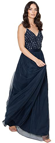 Maya Deluxe Damen Maya Deluxe Maxi Abendkleid Damen Elegant für Hochzeit mit V-ausschnitt Tüllkleid Damen Schleife Brautjungfernkleid, Navy, 48 EU