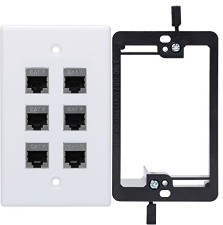 YOEMELY Cat7 Keystone Wall Plate 6 Port, 1 Gang RJ45 Wall Plate with Metal Coupler Female to Female and Single Gang Drywall Bracket for Ethernet Cables (White, 1 Pack)