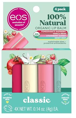 EOS 100% Natural & Organic Lip Balm Sticks, Variety Pack- Strawberry Sorbet, Pomegranate Raspberry, Sweet Mint & Vanilla Bean, 4g, 4-Pack, Clear, 1 Count