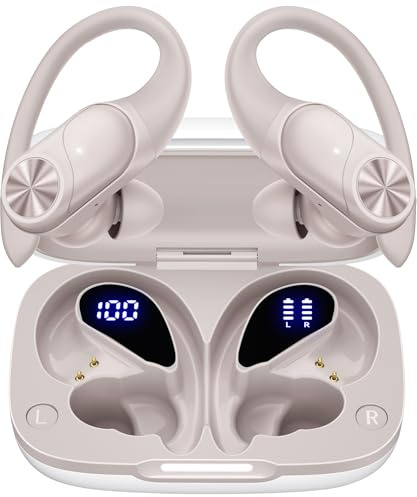 PocBuds Bluetooth Headphones Wireless Earbuds 80hrs Playtime Wireless Charging Case Digital Display Sport Ear Buds with Earhook Deep Bass IPX7 Waterproof Over-Ear Earphones for Phone Laptop Beige