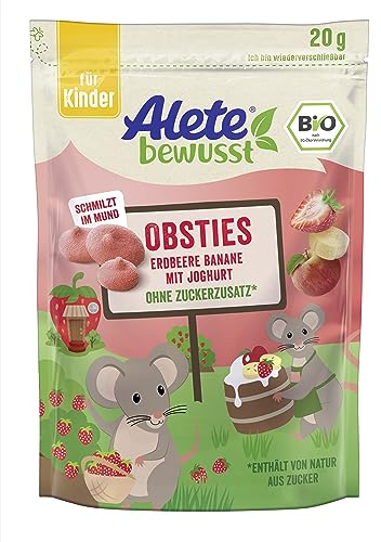 Alete bewusst Obsties Erdbeere Banane mit Joghurt, ab 3 Jahren, gefriergetrocknete Bio-Fruchtchips, Früchte-Snack für Kinder, verzehrfertig im verschließbaren Beutel, 20 g