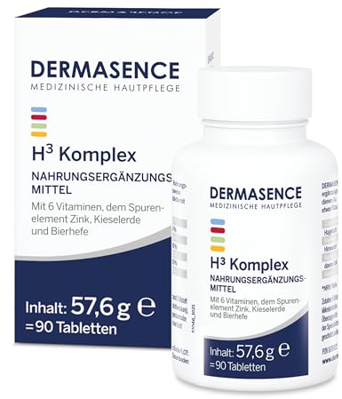 DERMASENCE H³ Komplex, 90 Tabletten – Nahrungsergänzung für Haut, Haare & Nägel, mit Biotin, Zink & B-Vitaminen, vegan, ohne Laktose, ideal bei Haarausfall, brüchigen Nägeln & fahler Haut