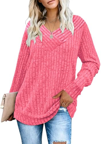 Famulily Women's Long Sleeve Tops Lightweight Soft Casual Ladies V Neck Jumpers Loose Fit