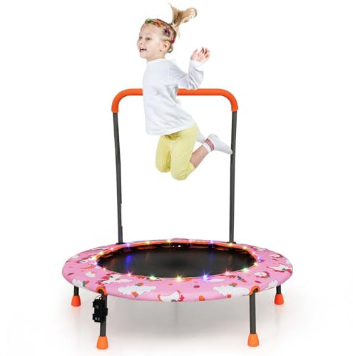 COSTWAY Ø92 cm Kindertrampolin, Mini Trampolin mit LED-Beleuchtung & Abnehmbarer Griff, Fitness Trampolin Gartentrampolin Indoor Outdoor für Kinder von 3-6 Jahren (Rosa)