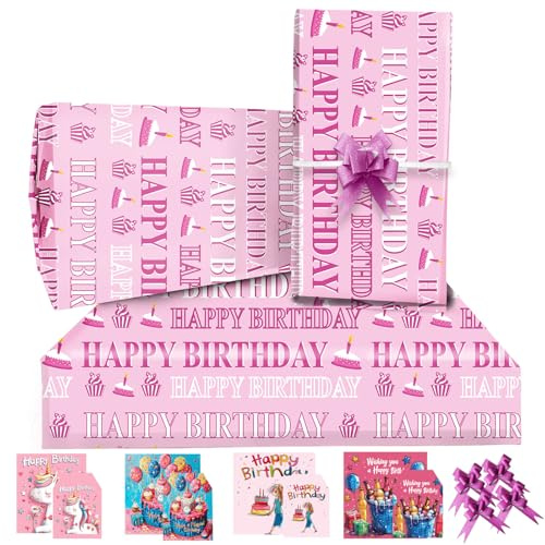 Pink Happy Birthday Wrapping Paper 85 * 60cm,4 Sheets 4 Pink Bows,4 Birthday Cards,4 Gift Tags,Gift Wrap Pack For Girls Boys Women Men Kids