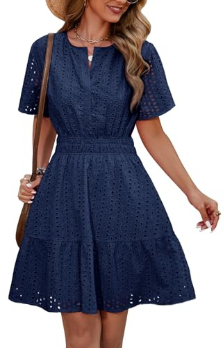 Yuson Girl Robe Femme Boheme Chic et Elegant Short à Manches Courtes de Plage Décontracté Casual Col V Taille Haute Mini