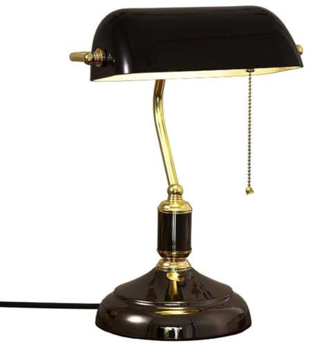 LOGT Retro Bordslampa Banker Glass Skrivbordslampa Svart Vintage Amerikansk Banker Bordslampa med dragbrytare Banker Lampa Art Deco från 30-talet Sänglampa för kontor Bibliotek Studierum