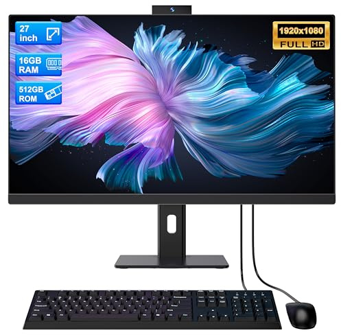 SUKOTOP All-in-One-PC Desktop-PC 27 Zoll Quad-Core N95 (bis zu 3,4 GHz) 512 GB SSD 16 GB RAM mit Webcam, All-in-One-PC unterstützt drehbares Display, Dualband-WLAN, Bluetooth 5.3, Schwarz