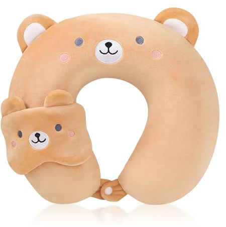 Detontek Cuscino Da Viaggio 2 In 1 Per Bambini, Cuscino A Forma Di U Dei Cartoni Animati, Cuscino Da Viaggio Per Il Collo Perauto, Aereo, Ufficio, Casa (Orso marrone)