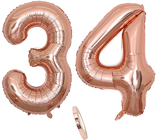 Globos numeros 34 años, Number globo número 34 oro rosa para niña Mujeres Chica, 40 Figuras Decor globo de lámina de helio inflable, gigante grande decoración fiesta de cumpleaños boda (xxxl 100cm)