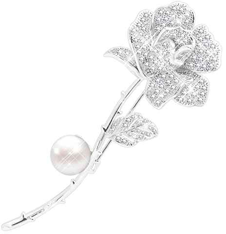KristLand - Arte Decorativo Oro Blanco Chapado Una Rosa Flor Broche con Circona Perla Broche Corsage Fiesta de Boda Regalo de Cumpleaños para Mujer Madre