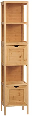 kleankin Badezimmerschrank Badschrank mit 2 Schubladen, 3 Ablagen, Bambus Beistellschrank schmal Aufbewahrungsschrank für Badezimmer, Wohnzimmer 30 x 30 x 140 cm Natur