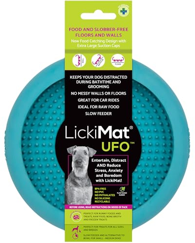 LickiMat UFO Ablenker für Baden, Duschen und Fellpflege, Naturkautschuk, großer Schnuller, Lecknoppen, weiche und laufende Leckereien, einzigartiges Futter- und Dribbelfänger-Design, langsamer