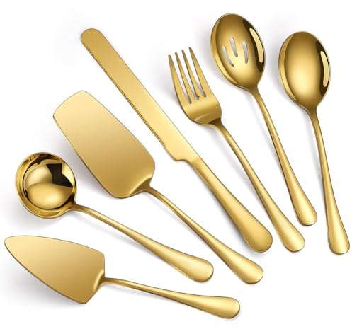 Gold Cutlery Serving Set 7 Pieces, Stainless Steel Tableware Serving Utensil, Cake Pizza Pie Server, Cake Knife,Serving Spoon, Serving Fork, Sugar Spoon
