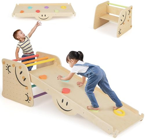 DREAMADE Jeux d'escalade en Bois, Ensemble de Grimpeur Triangle Montessori avec Bascule, Rampe à Double Face, Tabouret Réglable, Échelle d'escalade, 2 Gymnases Intérieurs pour Enfants 3+ Ans