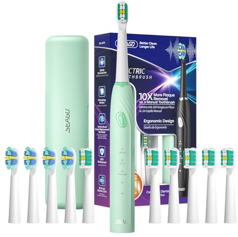Seago Ultrasonic Electric Toothbrush with Travel Case, Travel Toothbrush with 10 Toothbrush Heads & Holder, Rechargeable Toothbrush with Smart Timer for Adults and Kids, SG-2316(Green)