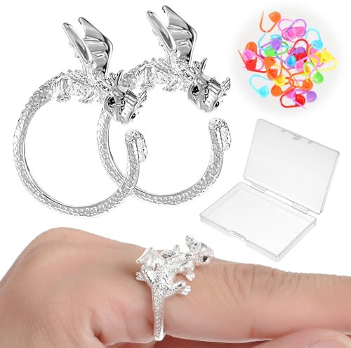 JJUNW 2 Stück Verstellbare Strickschlaufe Ring, Häkelringe mit 30 Stück Häkelstichmarkern zum Häkeln Stricken Garnhalter Verstellbar Geflochten Fingerhut Zubehör für Strickstichverriegelung