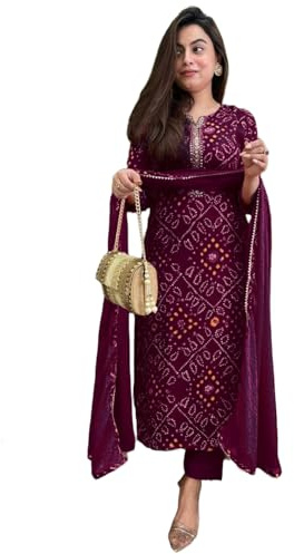 GoSriKi Women's Rayon Viscose Printed Kurta with Pant and Dupatta, Wine, XL