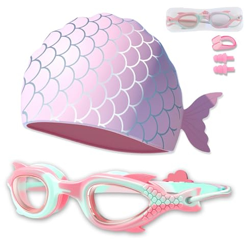 Dwafill Lunettes de Natation Enfant, Lunette Piscine Enfant avec Bonnet de bain en Silicone, Réglable Lunette Piscine Antibuée, avec Bouchons d'oreille et Pince-Nez (Pink)