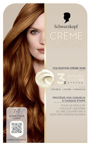 Creme Supreme, Schwarzkopf, Coloration Permanente Creme Soin, Couverture 100% Cheveux Blancs, Resultat Couleur Uniforme, 3x Bonding HaptIQ System, Pre serum et Masque Soin, 7.7, Blond Fonce Cuivre