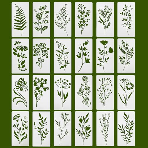 24 Pcs Leaf Flower Stencils for Painting, Reusable Floral Leaves Vine Wall Stencils for Crafts, Reusable Drawing Painting Templates for Wood Drawing Canvas Scrapbooking DIY Craft Home Decor Wall Art