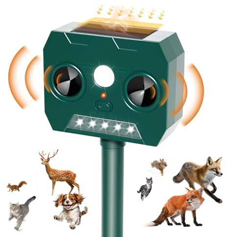 RAYGARD Cat Repellent for Gardens UK, 2025 NEW Ultrasonic Fox Deterrent Solar with Motion Sensor and LED Light, 12m Range IP45 Waterproof Animal Repeller for Foxes, Squirrel, Cats, Dogs, Raccoons