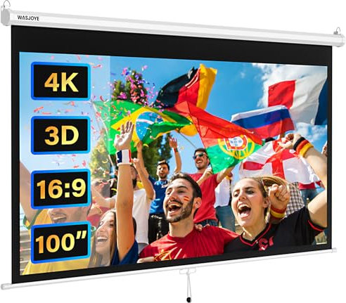 WASJOYE Manueller Leinwand Beamer Rollo mit Universal 100-Zoll Roll-Down einziehbarer manueller Projektionsschirm mit automatischer Verriegelung, Einstellbarer Bildschirmhöhe, Maskierungsrand