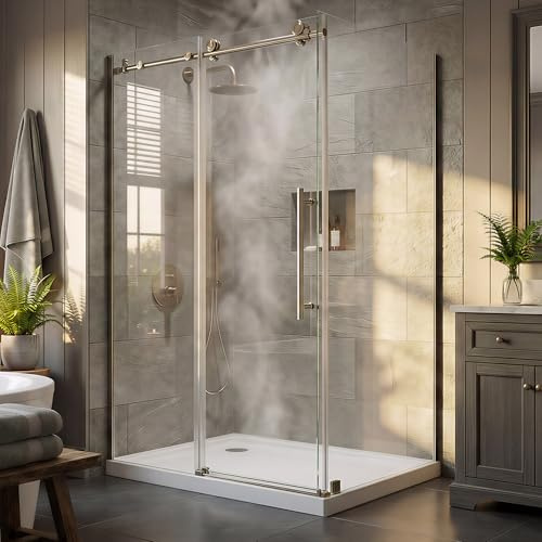 44-48”W x 32D x 72H Frameless Shower Enclosure, Sliding Corner Shower Door, SGCC 8mm (5/16) Tempered Glass, Buffer System, Stainless Handle, Leak-Proof, Easy Installation, Brushed Nickel