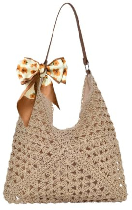 HTTDSLF Borsa di Paglia Donna, Borsa Estiva Donna Paglia, bBorsa a Tracolla a Maglia per l'estate, Borse da Mare per Viaggi in Spiaggia Shopping Tutti Giorni