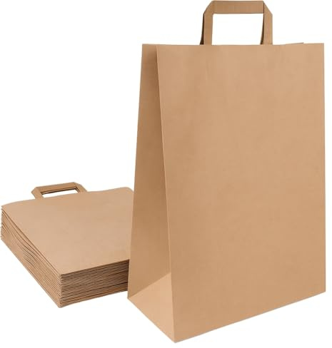 Commerline - Lot de 250 sacs en papier kraft marron - 32 + 12 x 40 cm - Sacs en papier kraft avec anse - Sacs cadeaux pour anniversaires, mariages, fêtes