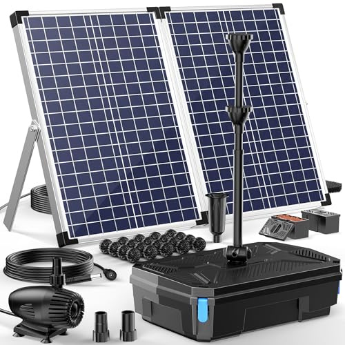 Biling 70W Pompa solare per laghetti con filtro da 2500 L/H, pompa solare per laghetti esterni con filtro, 3 ugelli regolatori di flusso, cavo da 8 m per laghetti da giardino fino a 4000 L, piccolo