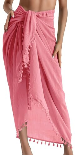 Eicolorte - Paréo de plage semi-transparent pour femme - Jupe courte avec pompons, 21 - rose - long, 3X-Large
