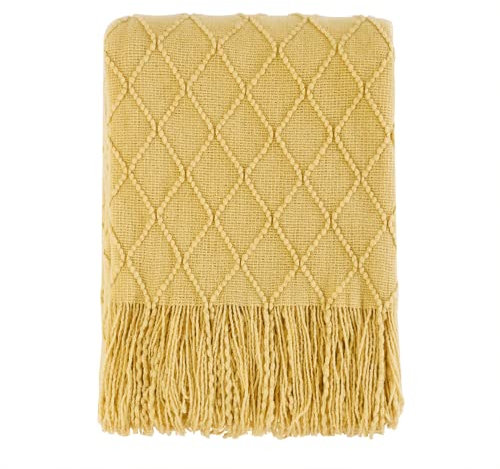BOURINA Textured Solid Soft Sofa Throw Couch Cover Knitted Decorative Blanket, Mustard, 152x203cm