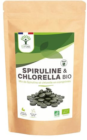 Spiruline + Chlorella Bio - Bioptimal - Complément Alimentaire - Multivitamines - Protéine BCAA Fer Phycocyanine Chlorophylle - 500 mg - Conditionné en France - Certifié par Ecocert - 600 comprimés