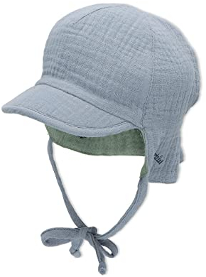 Sterntaler Schirmmütze Nacken Wende - Jungen Mütze zum Wenden mit kleinem Nackenschutz - UV-Schutz 50 Sonnenhut zum Binden - Baby und Kinder Kopfbedeckung aus Musselin (Bio) - graublau, Größe 41