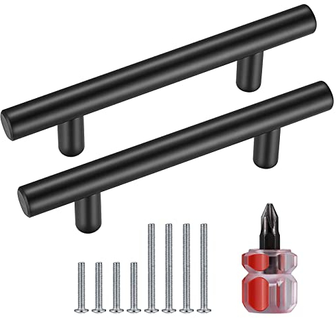 Yibaijia 4 Pcs Black Kitchen Cupboard Handles, Cabinet Door Pulls Handles, T Bar Handles Knobs, Stainless Steel Wardrobe Drawer Dresser Door Gate Handles, with Screwdriver and Screws (30x76x127mm)