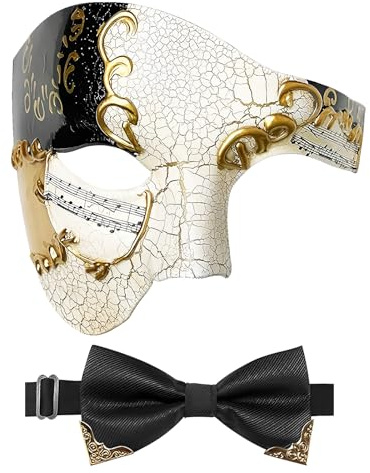IncreDecor Maskeradmask för män, fantom på operan, halv ansiktsmask med fluga, vintage venetianska masker för halloween, kostymfest (svart)